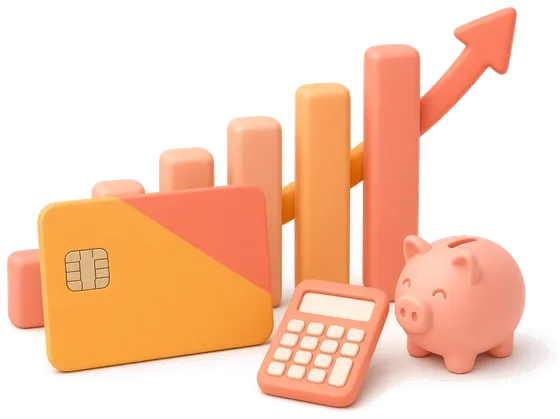 3D illustration of a bank card in front of a rising bar chart, with a piggy bank and a calculator