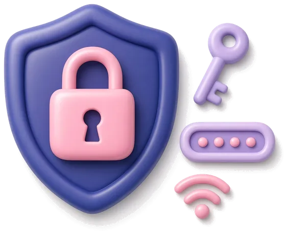 3D illustration of a security shield with a padlock, a key and a password field