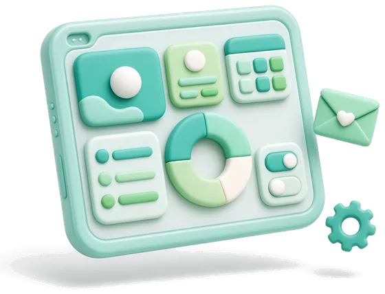 3D illustration of a tablet showing a business app dashboard with charts, toggles and a calendar