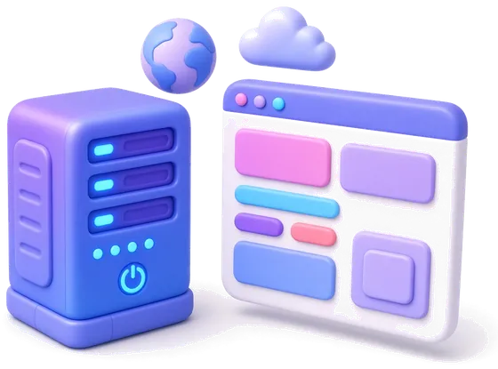 3D illustration of a web server next to a browser window with page layout blocks, a globe and a cloud